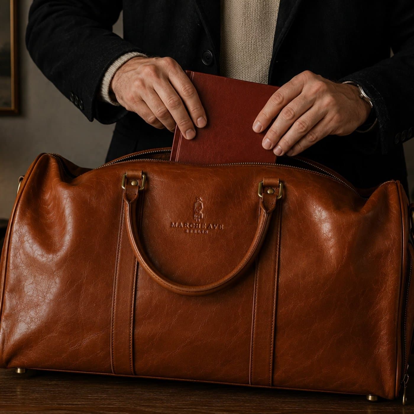 The weekender in Cognac opened on a table, a leather portfolio being placed inside
