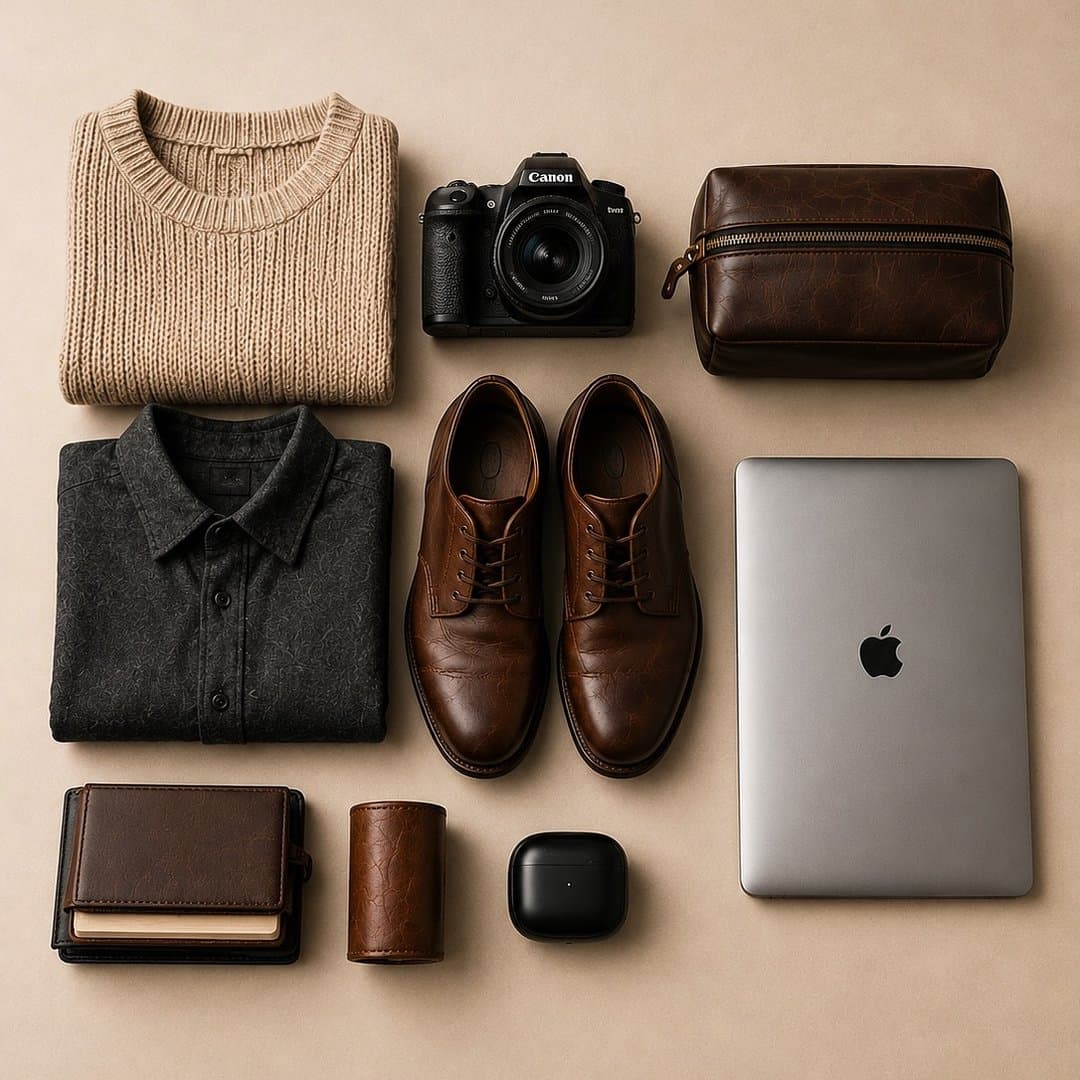The contents laid out: knitwear, a shirt, shoes, a laptop, a washbag and small leather goods
