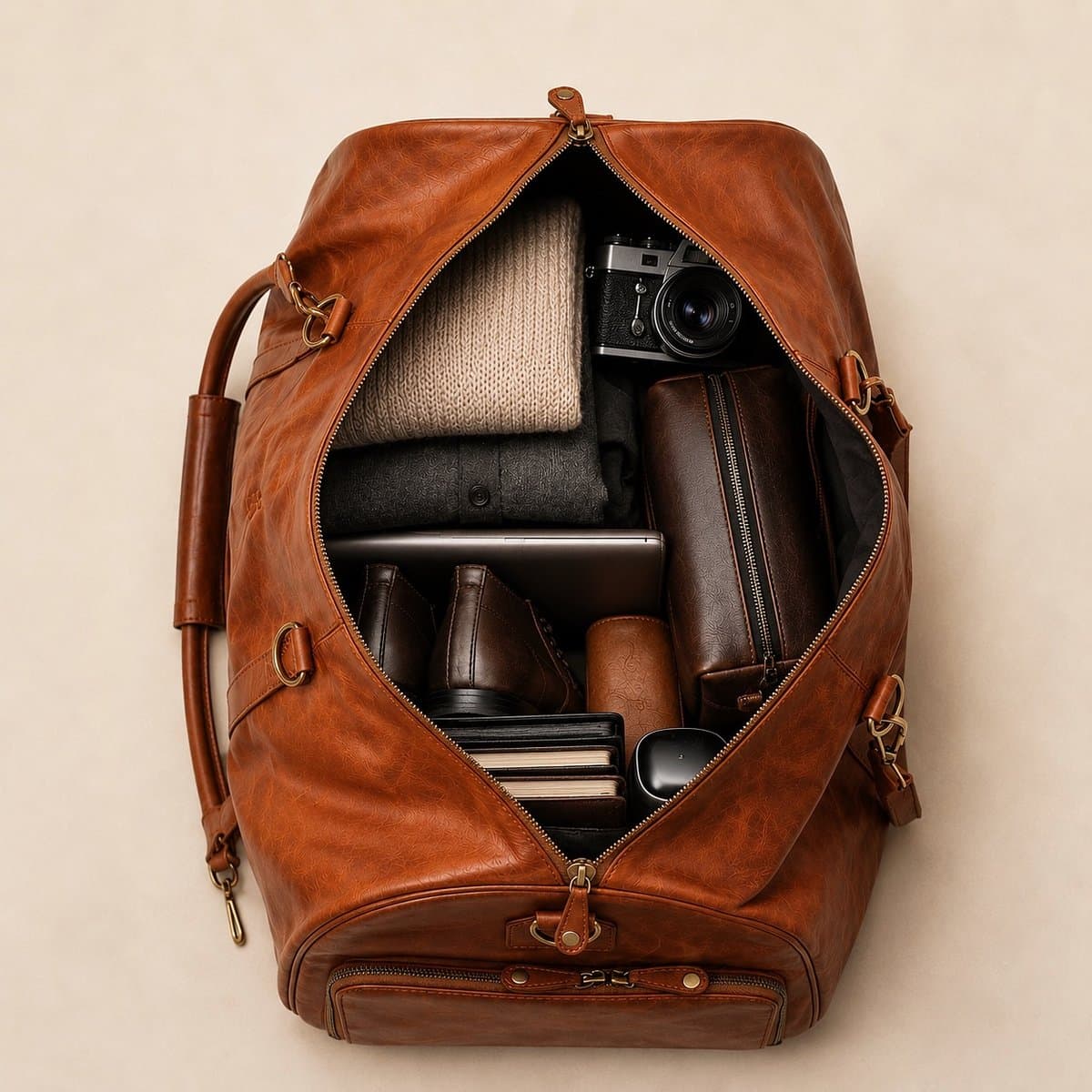 The weekender packed with knitwear, shoes, a laptop and a camera, seen from above