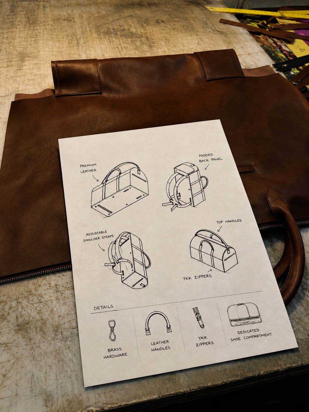 Technical drawings of the weekender resting on a cut leather hide in the workshop